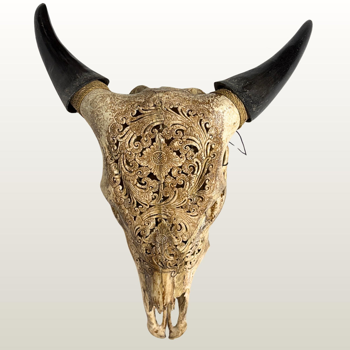 Hand Carved Steer Skull with Padma Lotus Motif, Balinese Bone Carving Art (Wall Mount)