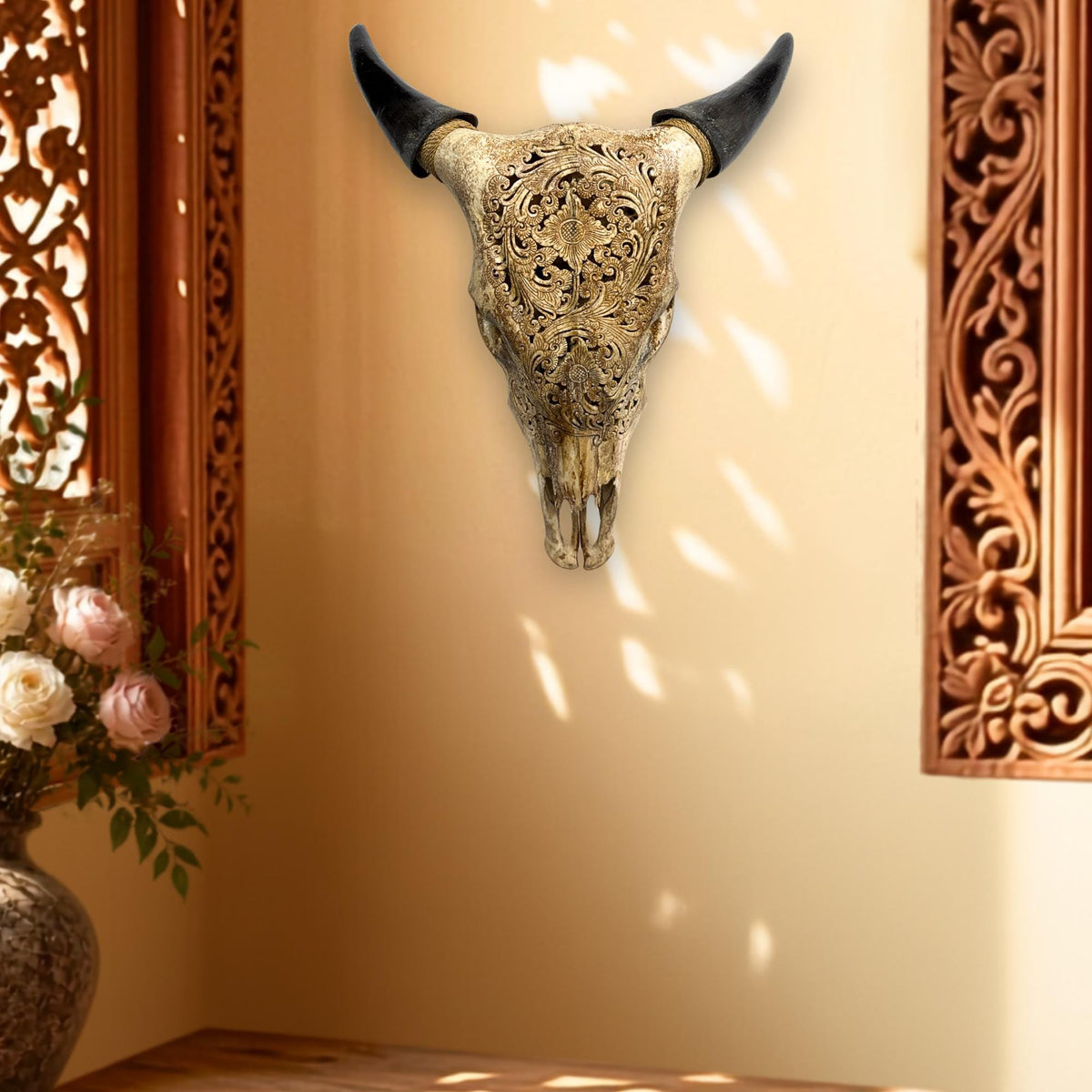 Hand Carved Steer Skull with Padma Lotus Motif, Balinese Bone Carving Art (Wall Mount)