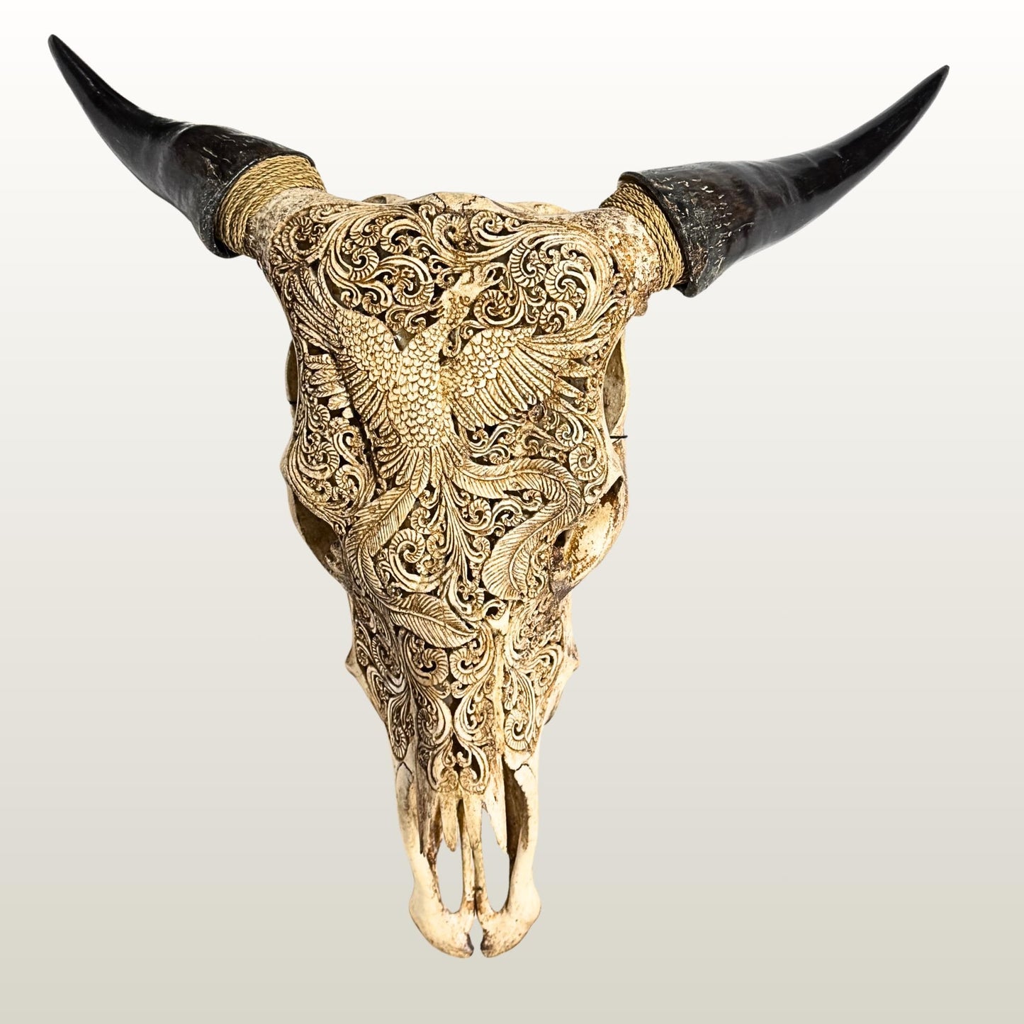Carved Steer SKULL HORN Mythical Phoenix Bird, Taxidermy Wall Mount, Balinese Bone Carving Art