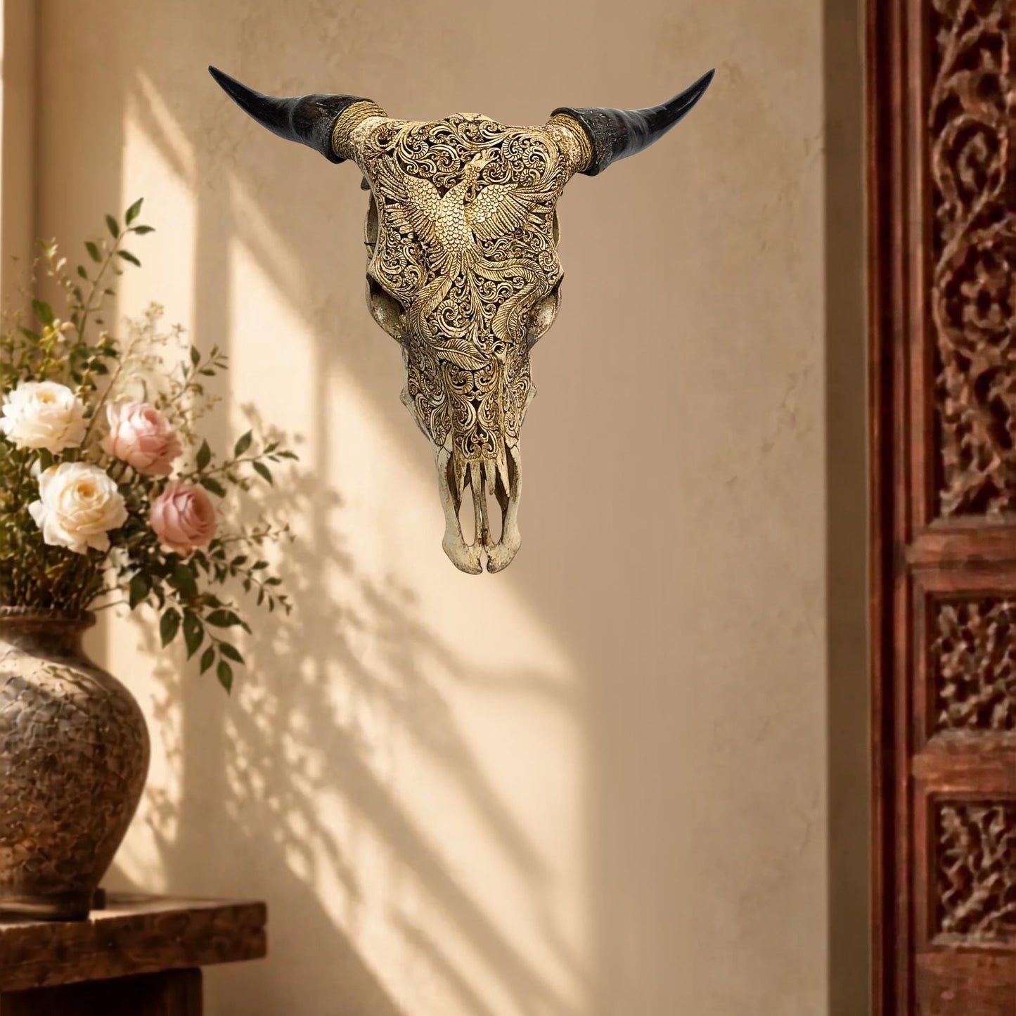 Carved Steer SKULL HORN Mythical Phoenix Bird, Taxidermy Wall Mount, Balinese Bone Carving Art