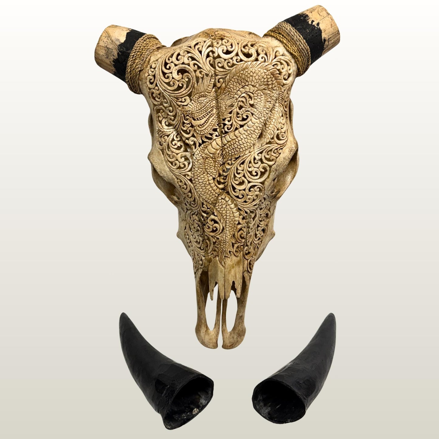 Hand Carved Steer SKULL HORNS Mystical Dragon Taxidermy Cow bull Wall Art