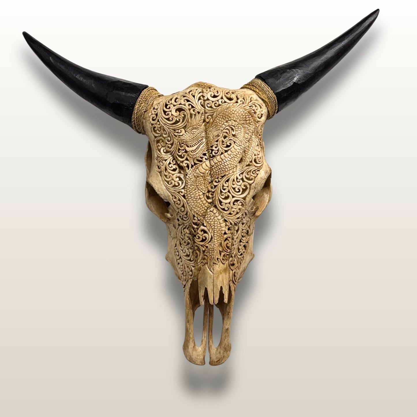 Hand Carved Steer SKULL HORNS Mystical Dragon Taxidermy Cow bull Wall Art