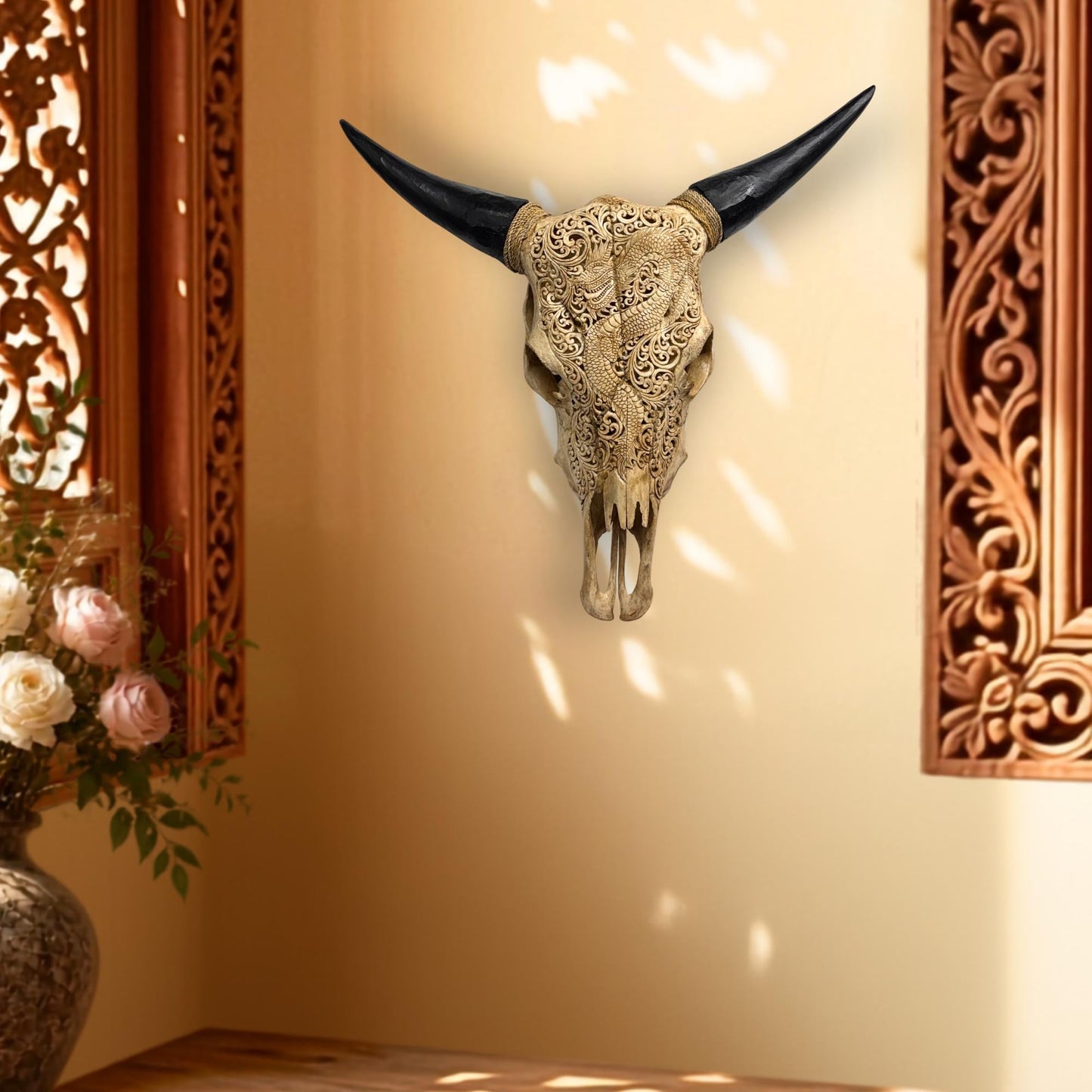 Hand Carved Steer SKULL HORNS Mystical Dragon Taxidermy Cow bull Wall Art