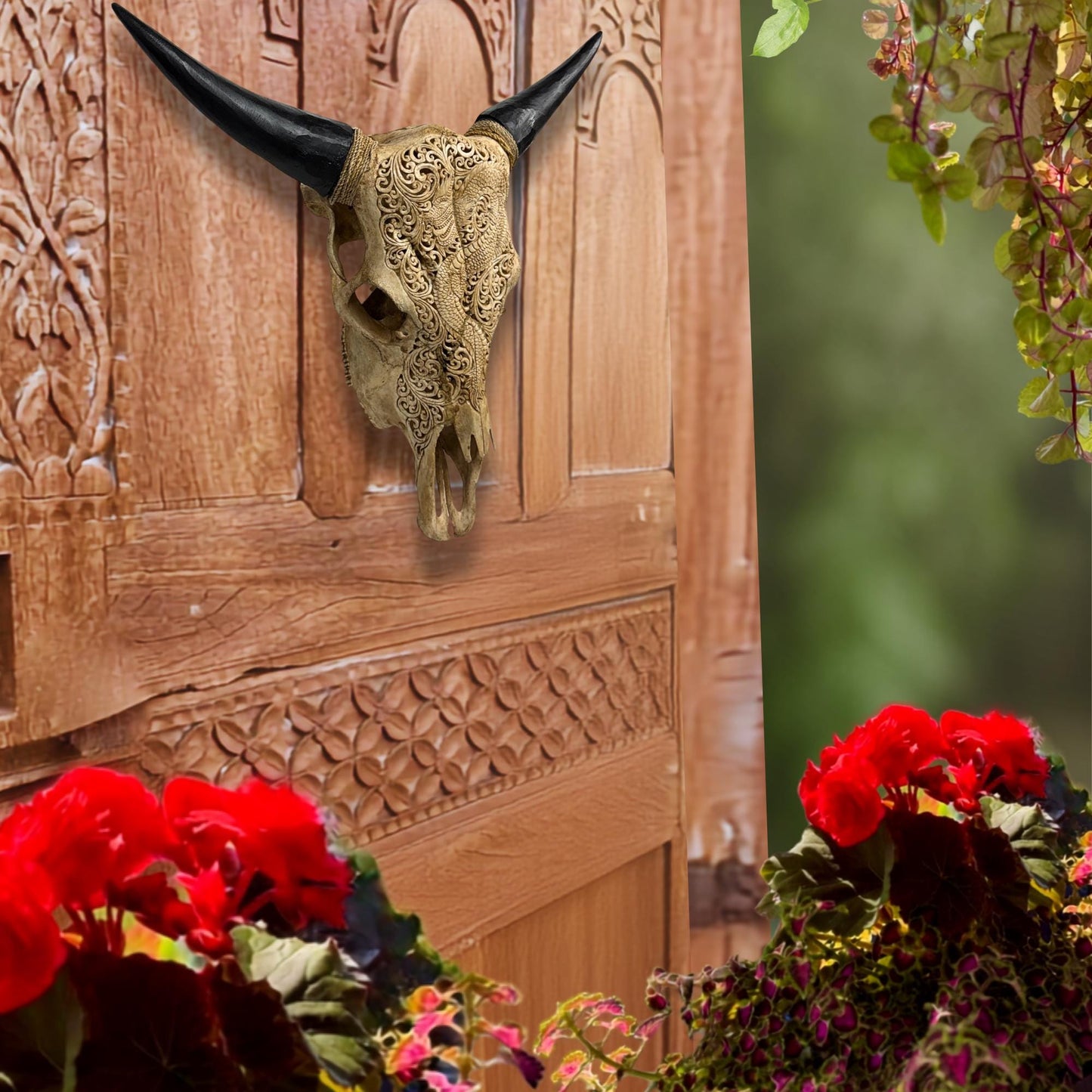Hand Carved Steer SKULL HORNS Mystical Dragon Taxidermy Cow bull Wall Art