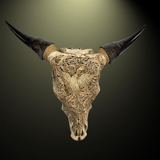 Carved Steer SKULL HORN Mythical Phoenix Bird, Taxidermy Wall Mount, Balinese Bone Carving Art