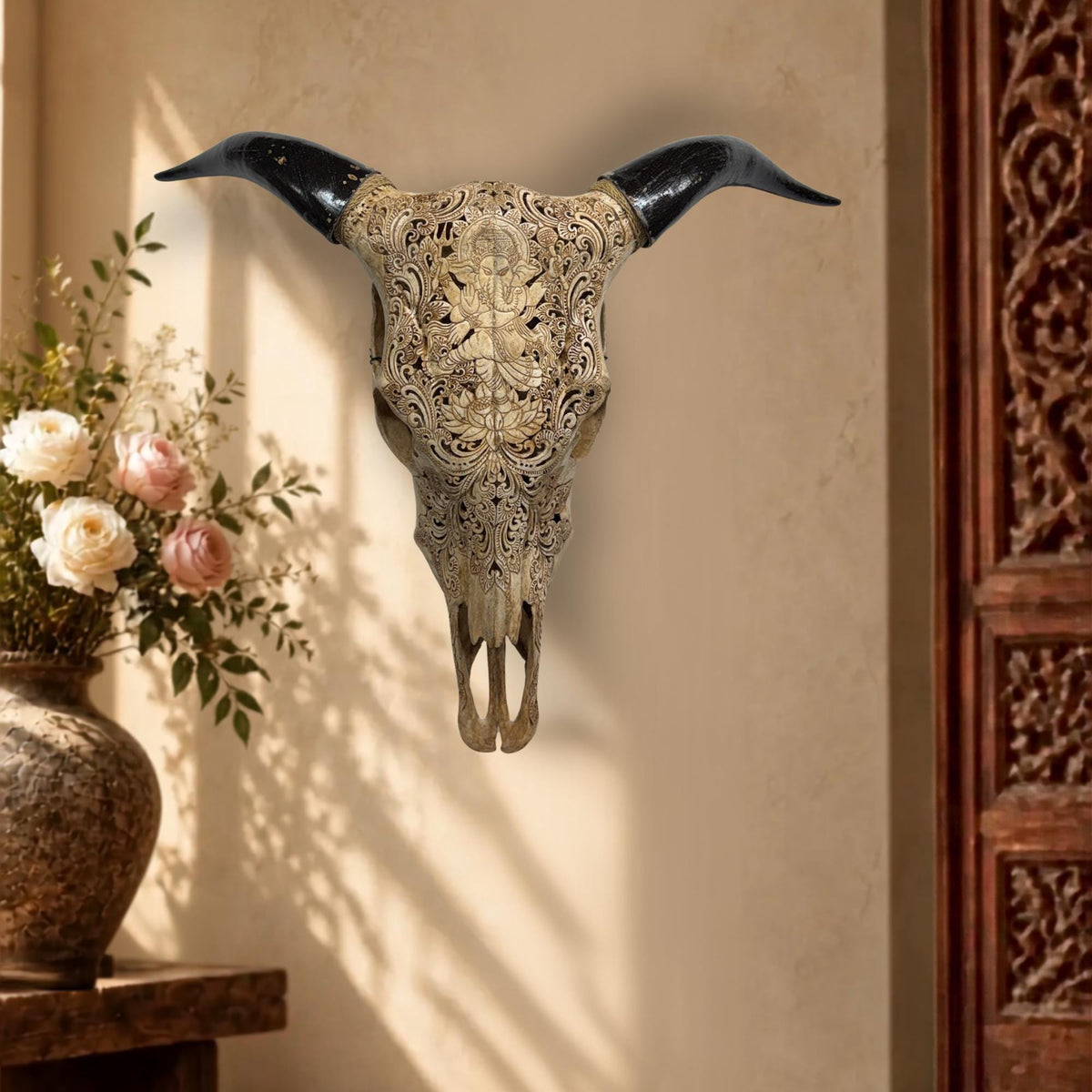 Hand Carved Bali Ganesha Wall Mount Steer Skull; Balinese Bone Carving Art
