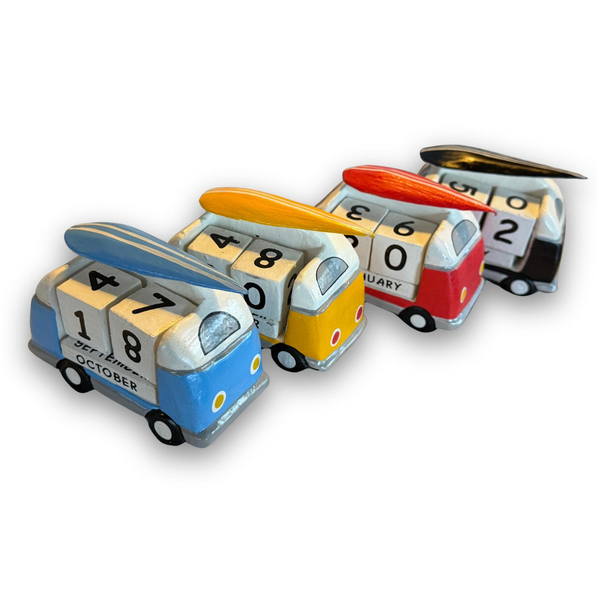 VW Bus Camper Van, Hand Carved Wood Perpetual Desk Calendar - Hand Painted Pop Art