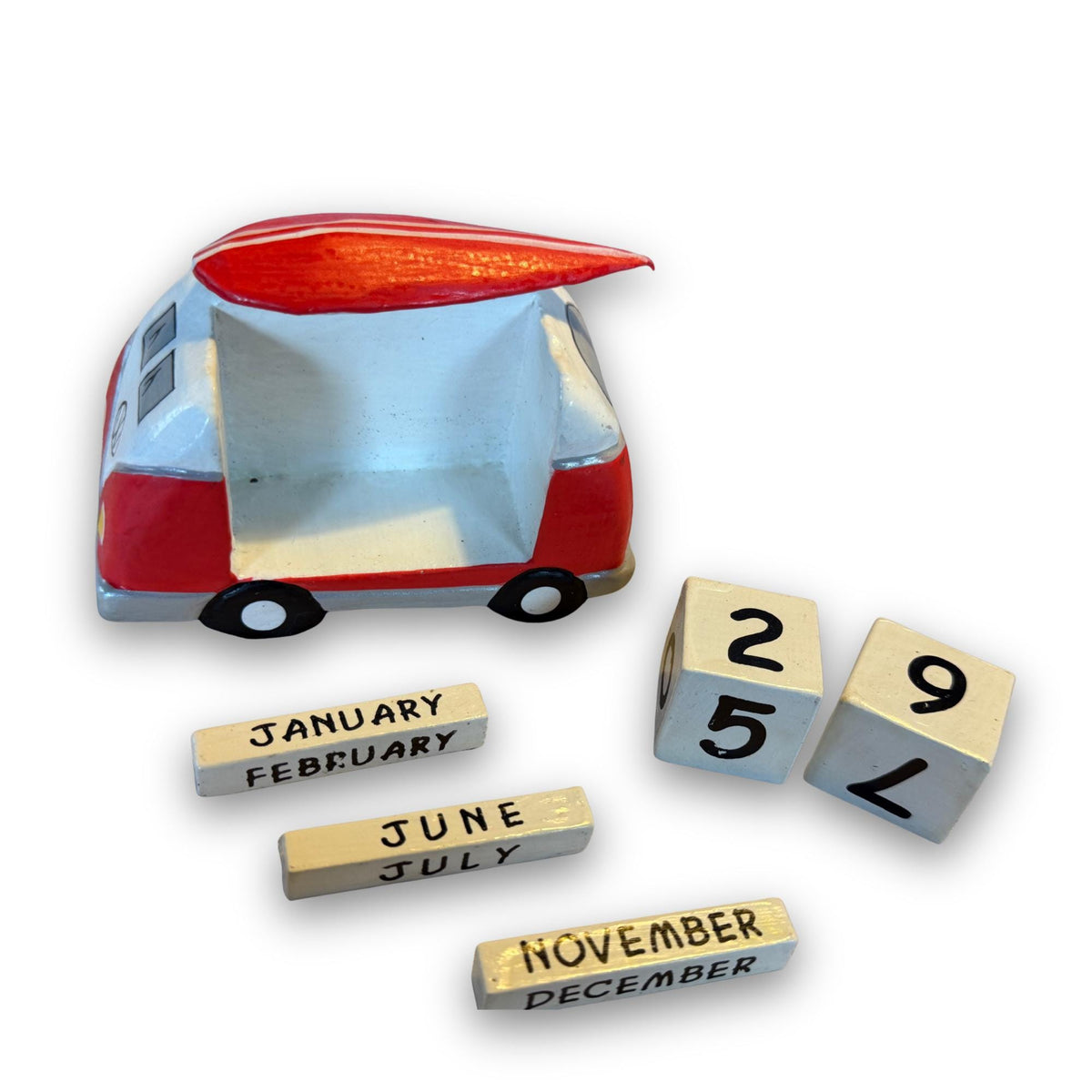 VW Bus Camper Van, Hand Carved Wood Perpetual Desk Calendar - Hand Painted Pop Art