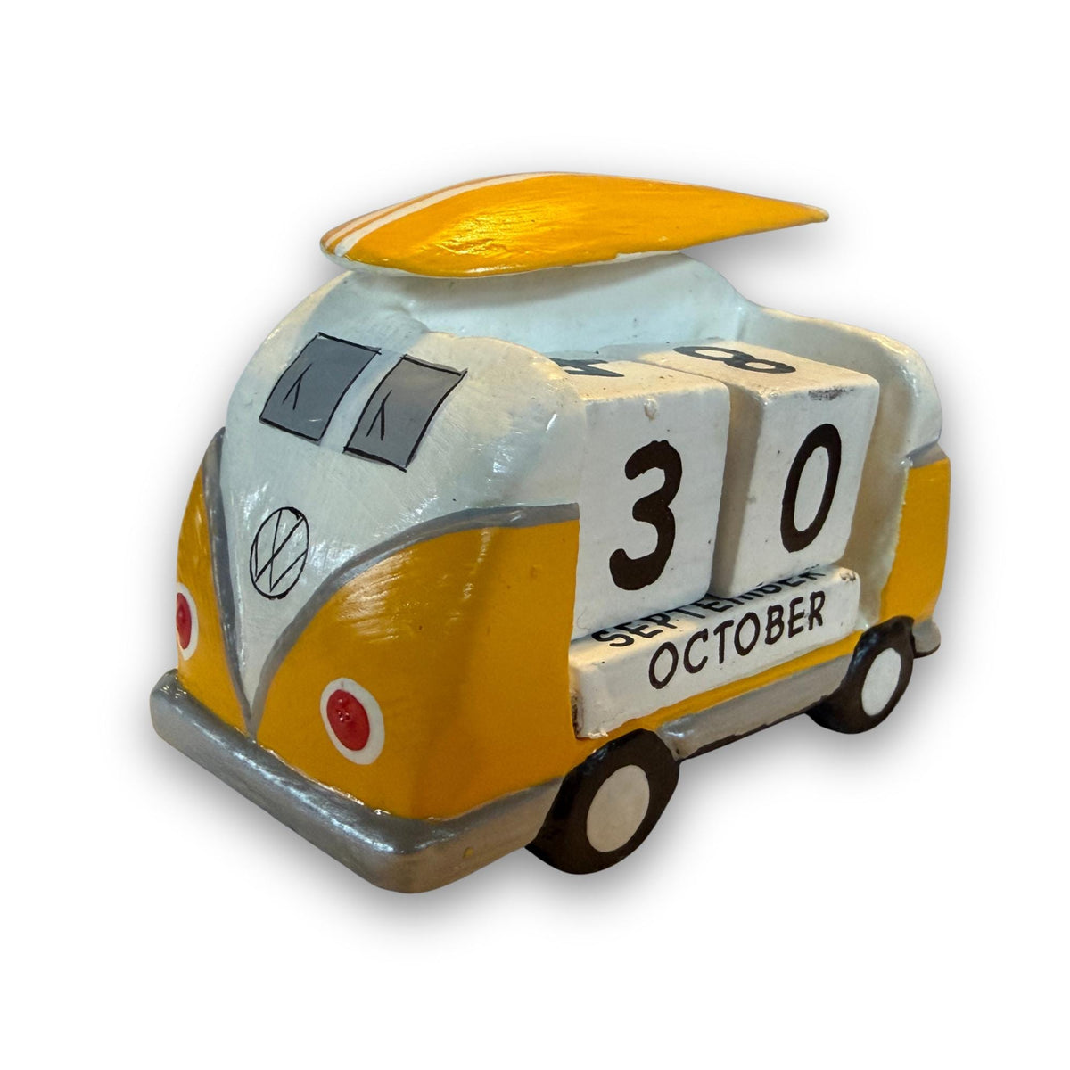 VW Bus Camper Van, Hand Carved Wood Perpetual Desk Calendar - Hand Painted Pop Art