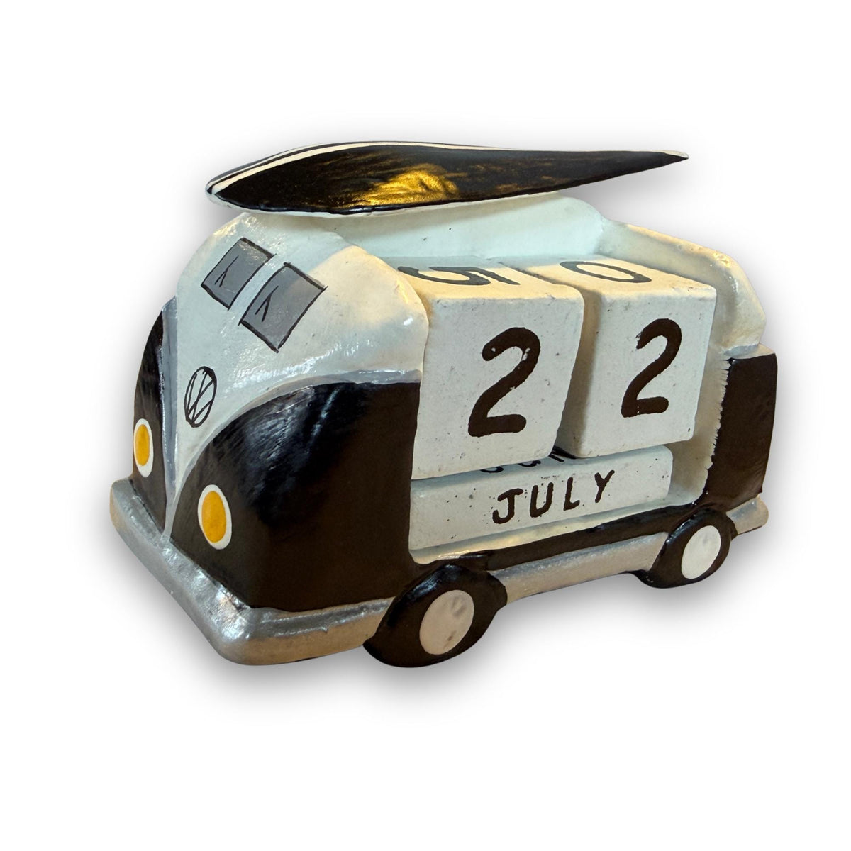 VW Bus Camper Van, Hand Carved Wood Perpetual Desk Calendar - Hand Painted Pop Art