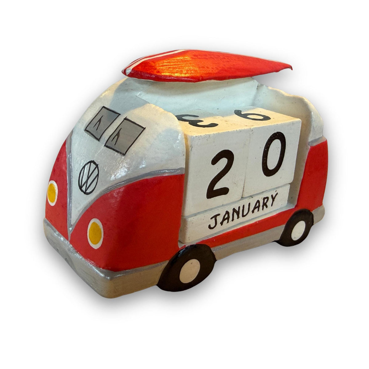 VW Bus Camper Van, Hand Carved Wood Perpetual Desk Calendar - Hand Painted Pop Art