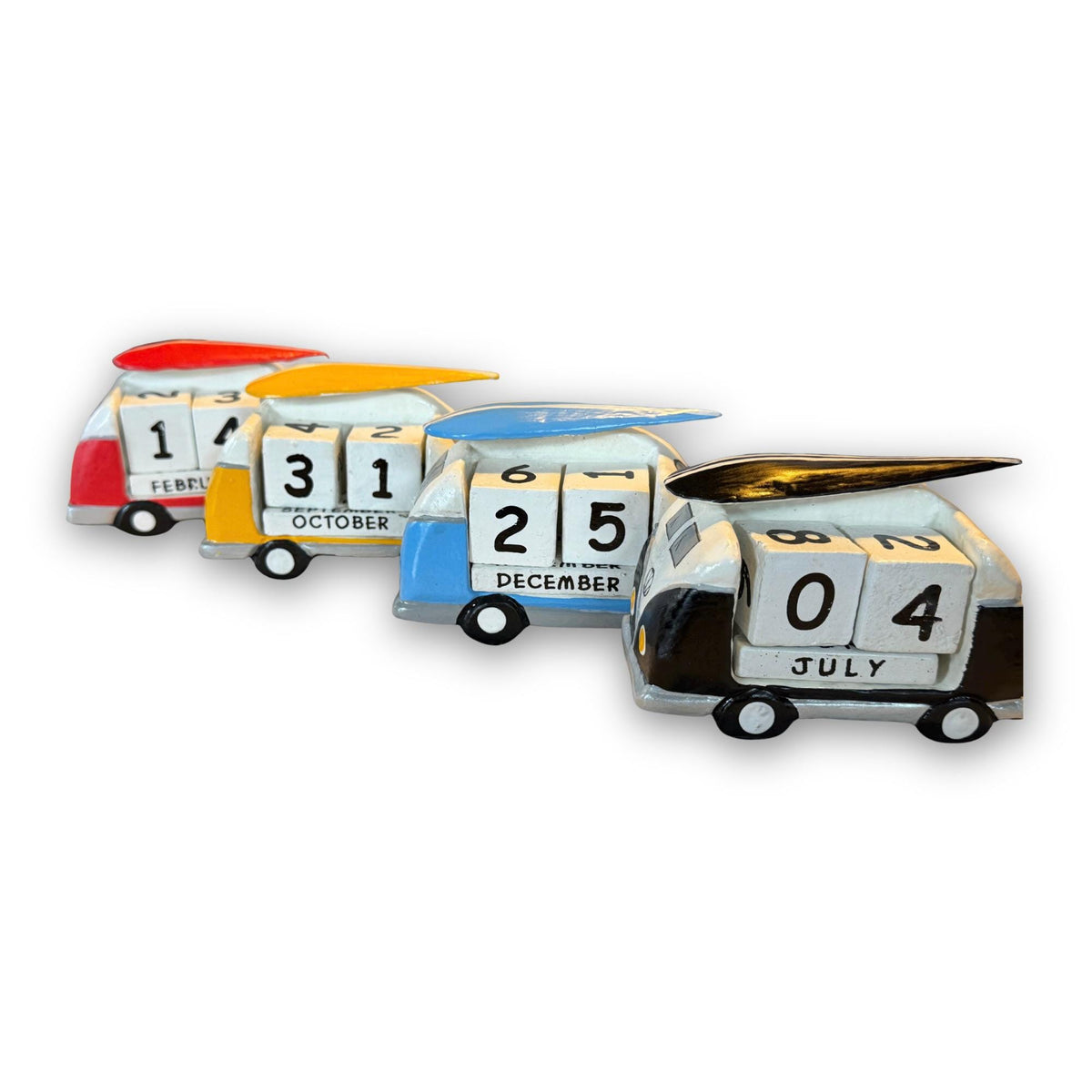 VW Bus Camper Van, Hand Carved Wood Perpetual Desk Calendar - Hand Painted Pop Art