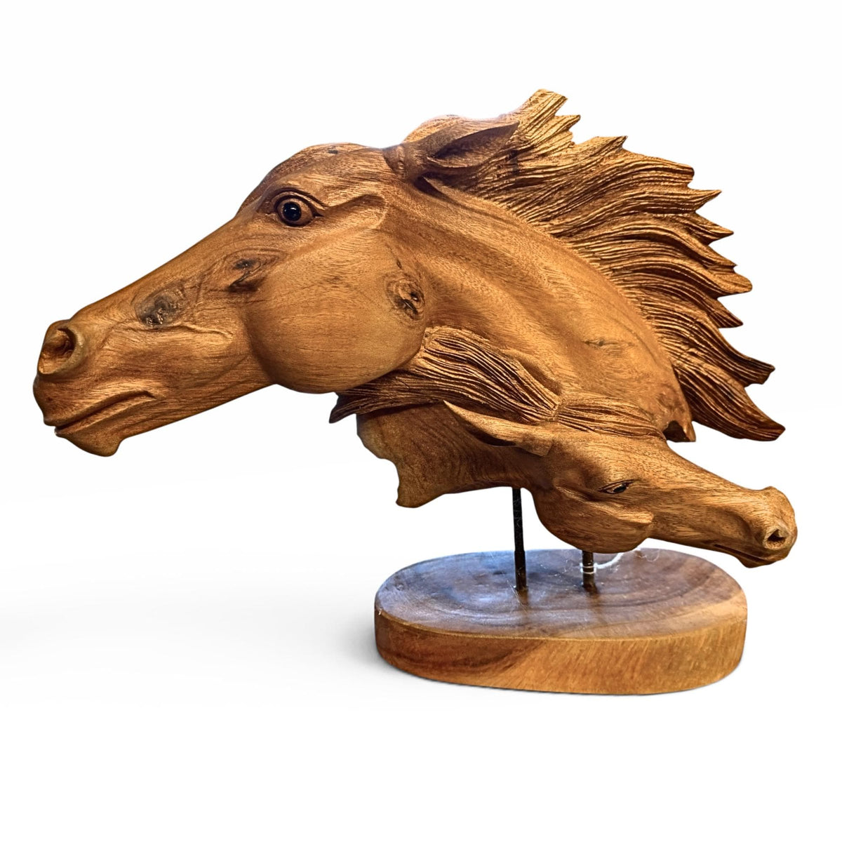Wild Horses Sculpture - Hand Carved Teak Wood Horse Bust Statue, Equine Art