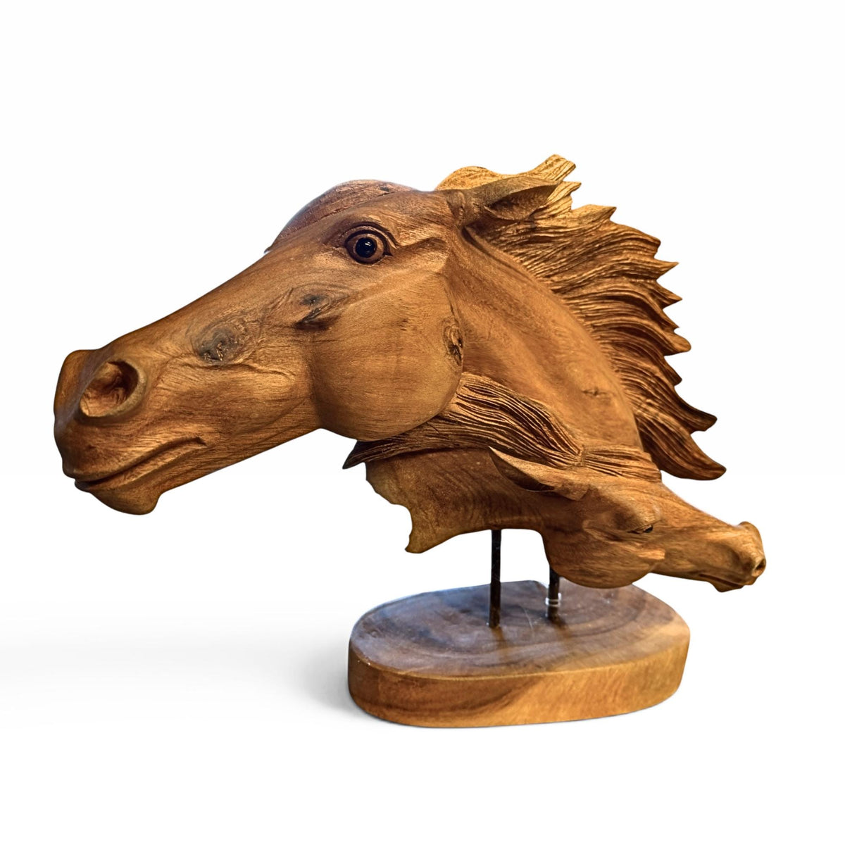 Wild Horses Sculpture - Hand Carved Teak Wood Horse Bust Statue, Equine Art