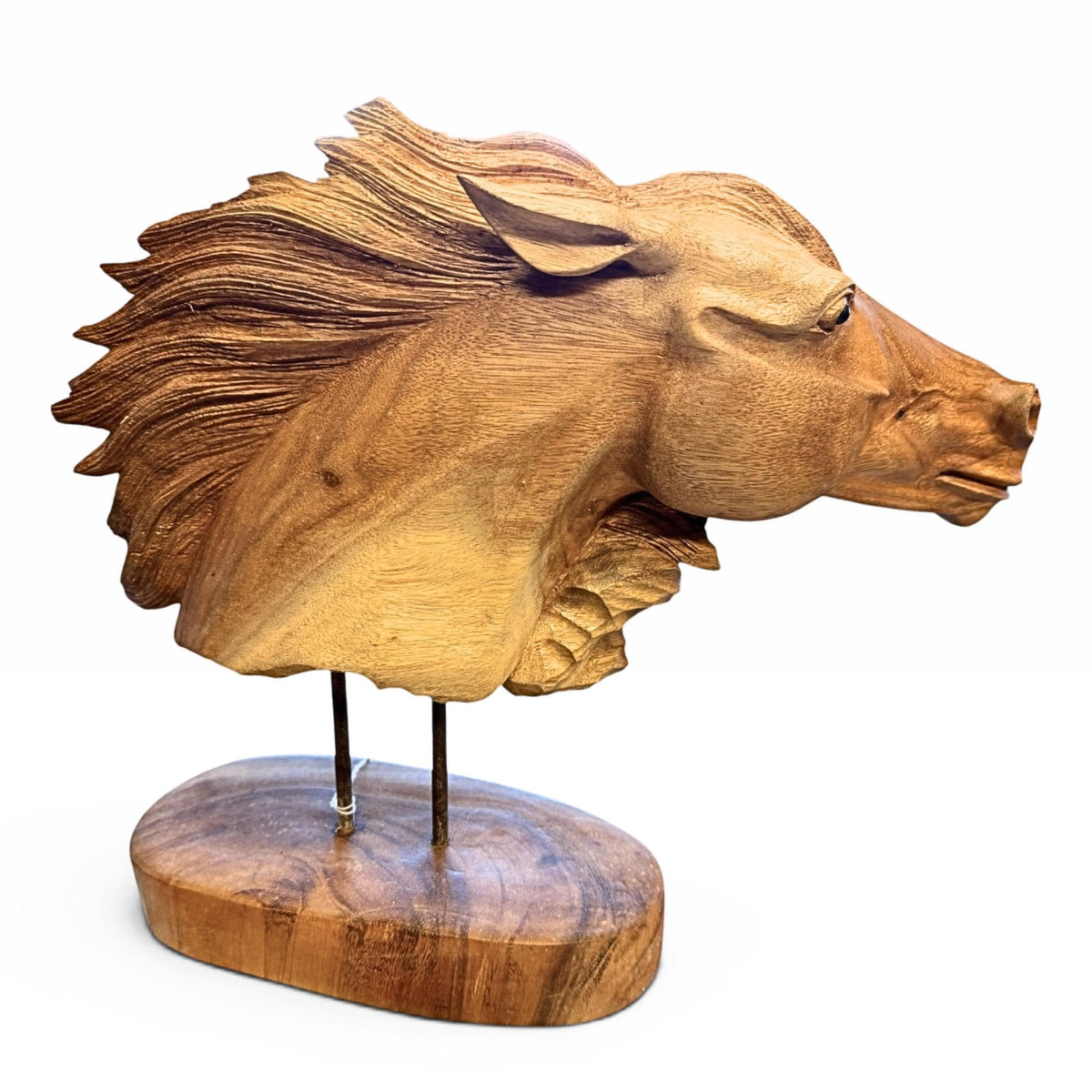 Wild Horses Sculpture - Hand Carved Teak Wood Horse Bust Statue, Equine Art