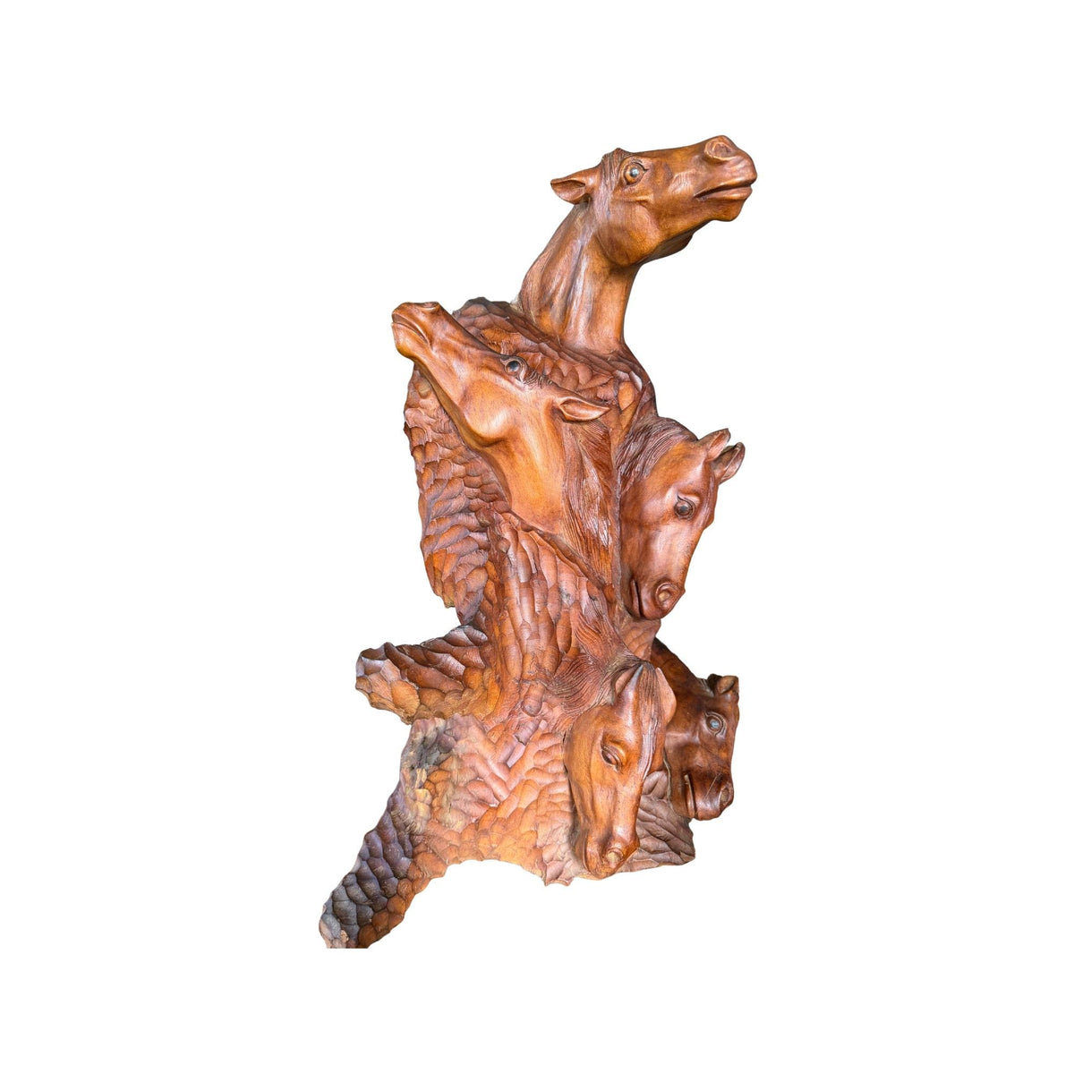 Wild 5 Horses Sculpture - Abstract Hand Carved Suar Wood Horse Bust Statue, Equine Art