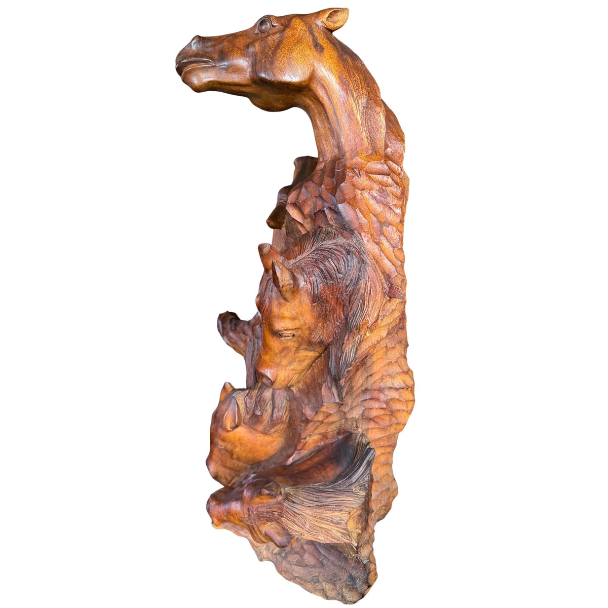 Wild 5 Horses Sculpture - Abstract Hand Carved Suar Wood Horse Bust Statue, Equine Art