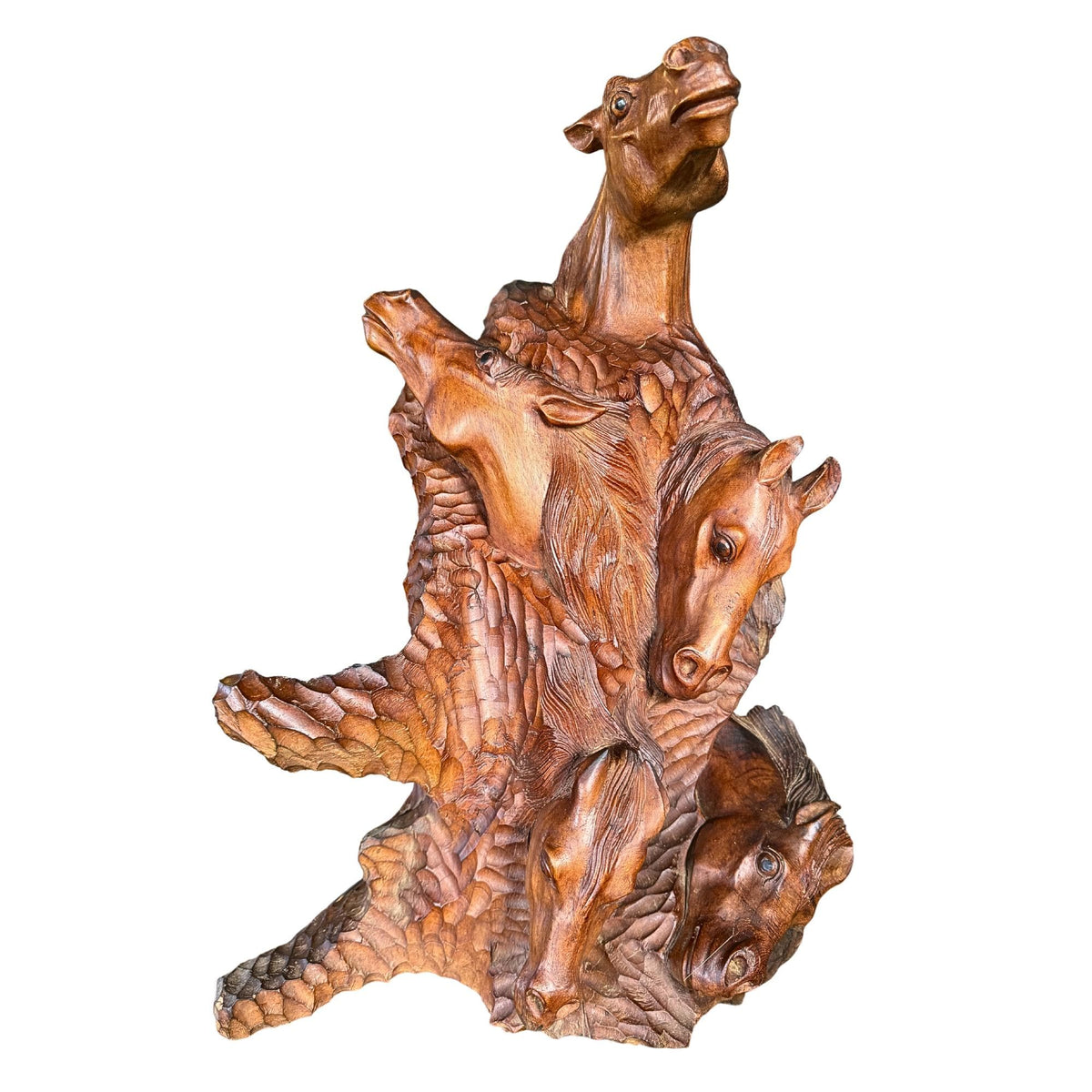 Wild 5 Horses Sculpture - Abstract Hand Carved Suar Wood Horse Bust Statue, Equine Art
