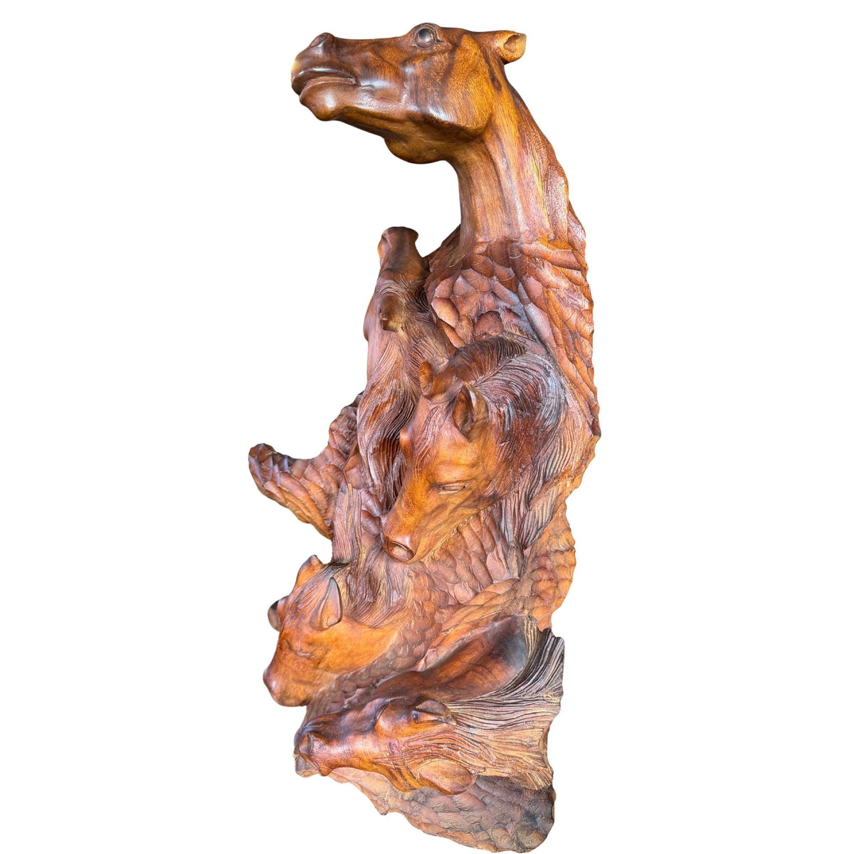 Wild 5 Horses Sculpture - Abstract Hand Carved Suar Wood Horse Bust Statue, Equine Art