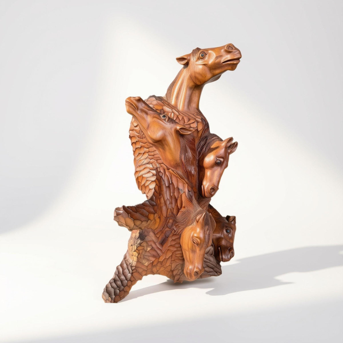Wild 5 Horses Sculpture - Abstract Hand Carved Suar Wood Horse Bust Statue, Equine Art
