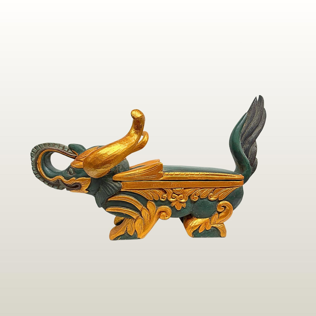 Vintage Balinese Elephant Bull Keropak Temple Offering Box Polychrome Hand Carved Wood folk Art