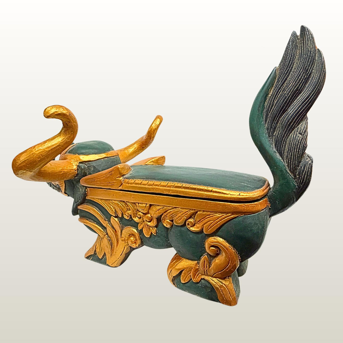 Vintage Balinese Elephant Bull Keropak Temple Offering Box Polychrome Hand Carved Wood folk Art
