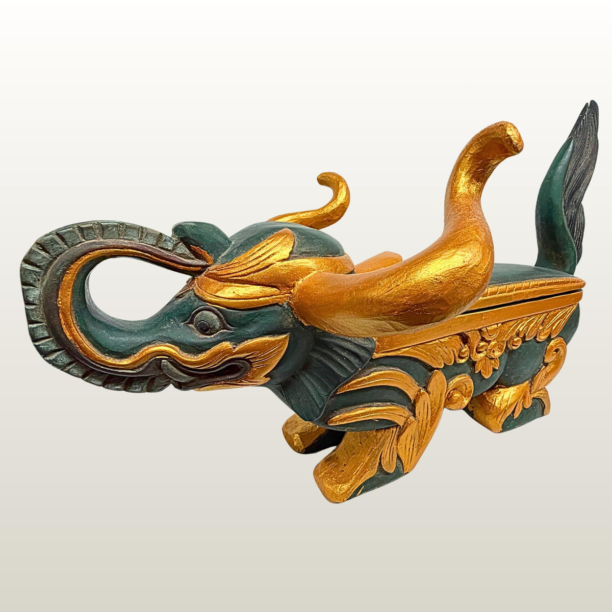 Vintage Balinese Elephant Bull Keropak Temple Offering Box Polychrome Hand Carved Wood folk Art