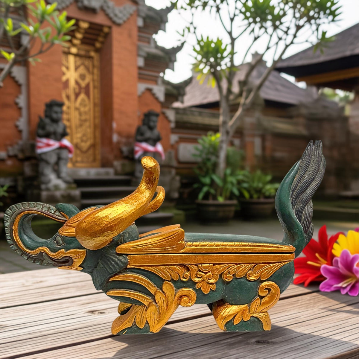 Vintage Balinese Elephant Bull Keropak Temple Offering Box Polychrome Hand Carved Wood folk Art