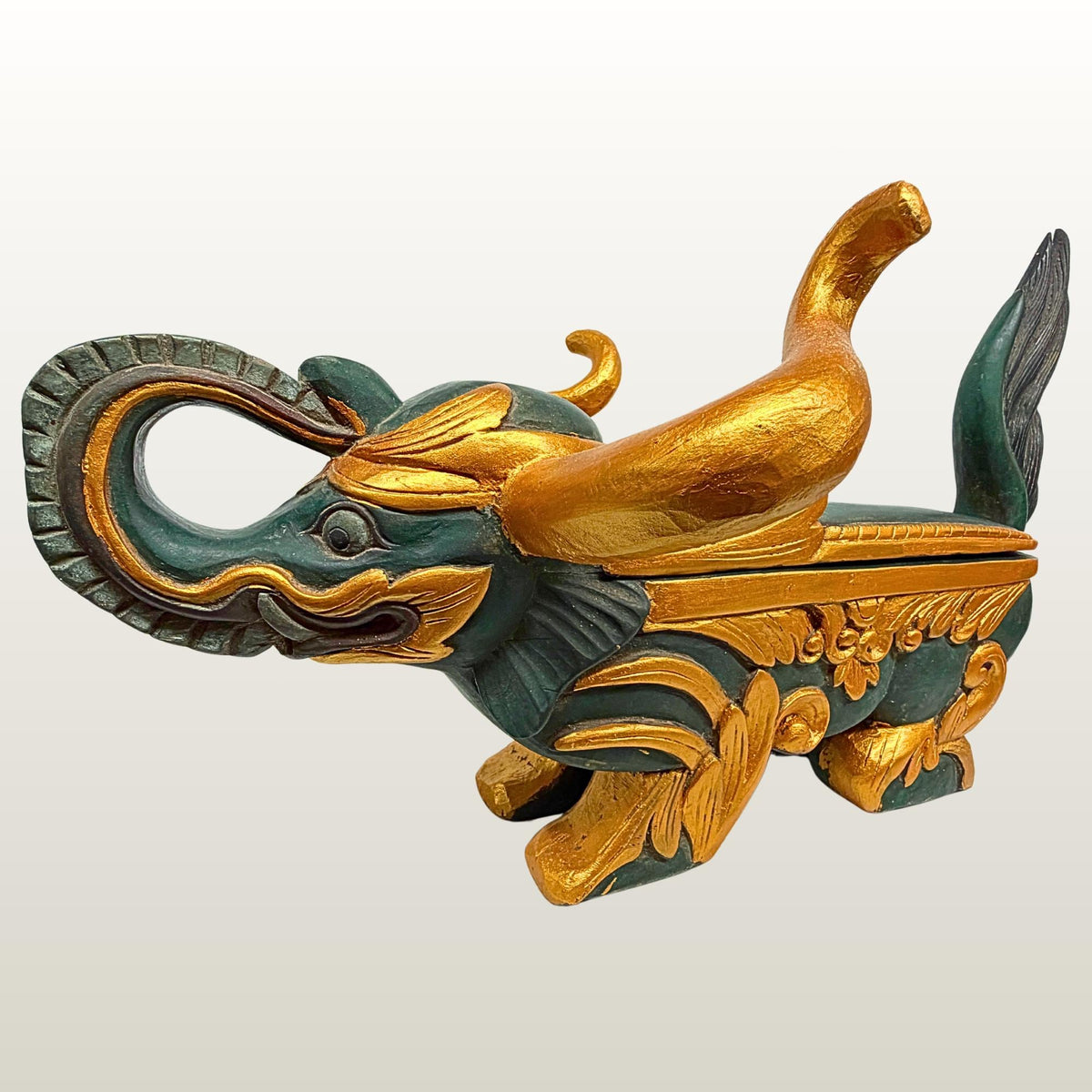 Vintage Balinese Elephant Bull Keropak Temple Offering Box Polychrome Hand Carved Wood folk Art