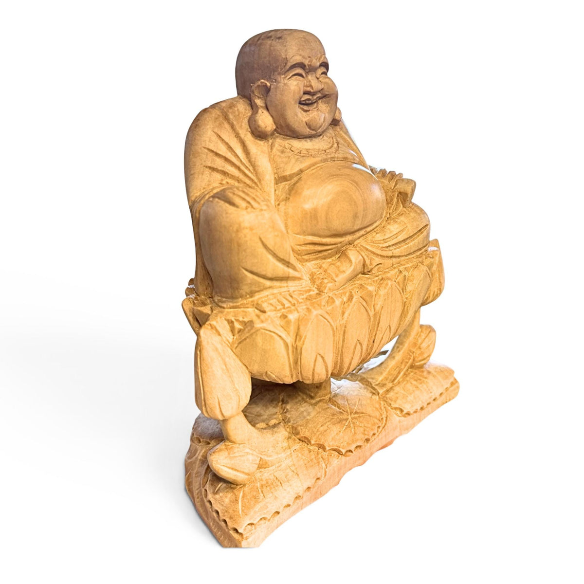 Laughing Hotei Budai Laughing Buddha Statue: Hand Carved Wood Sculpture