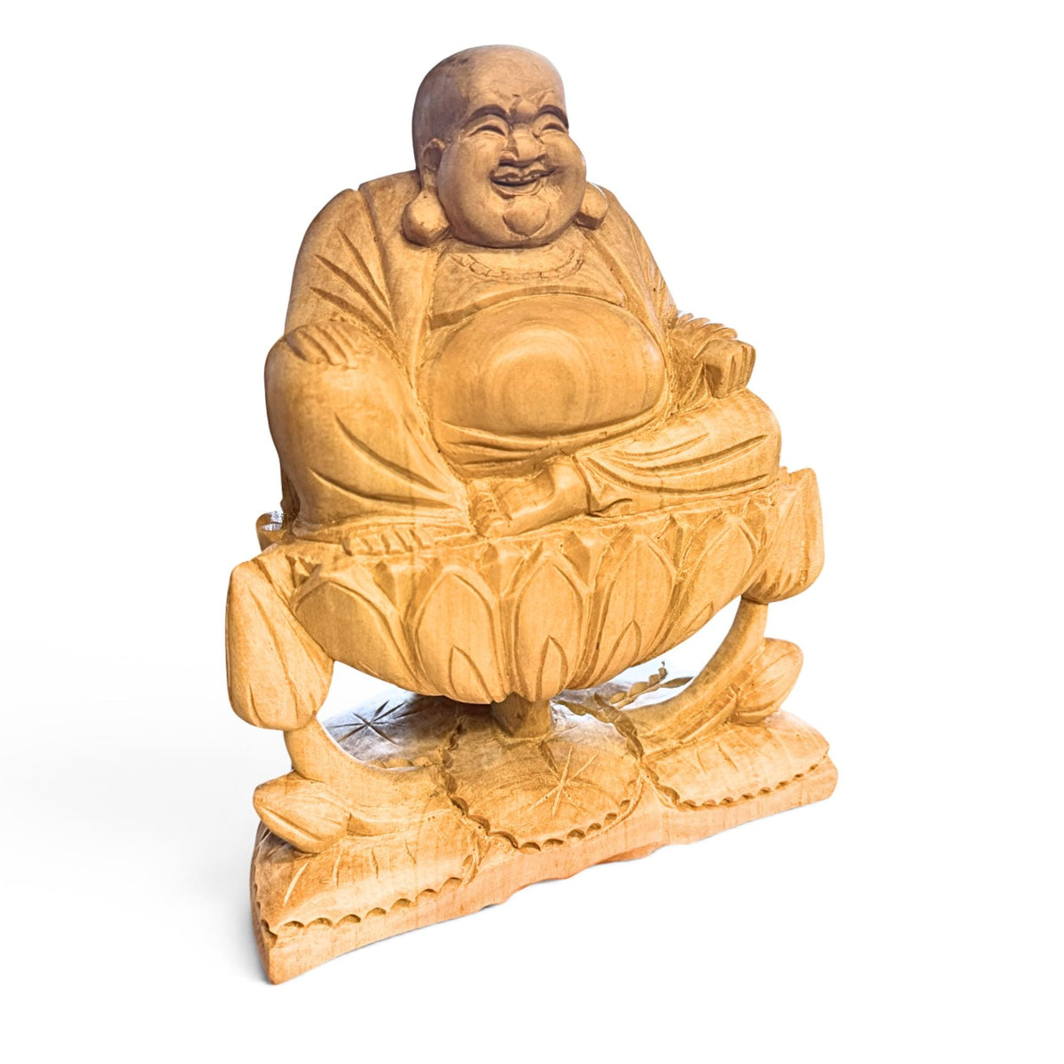Laughing Hotei Budai Laughing Buddha Statue: Hand Carved Wood Sculpture