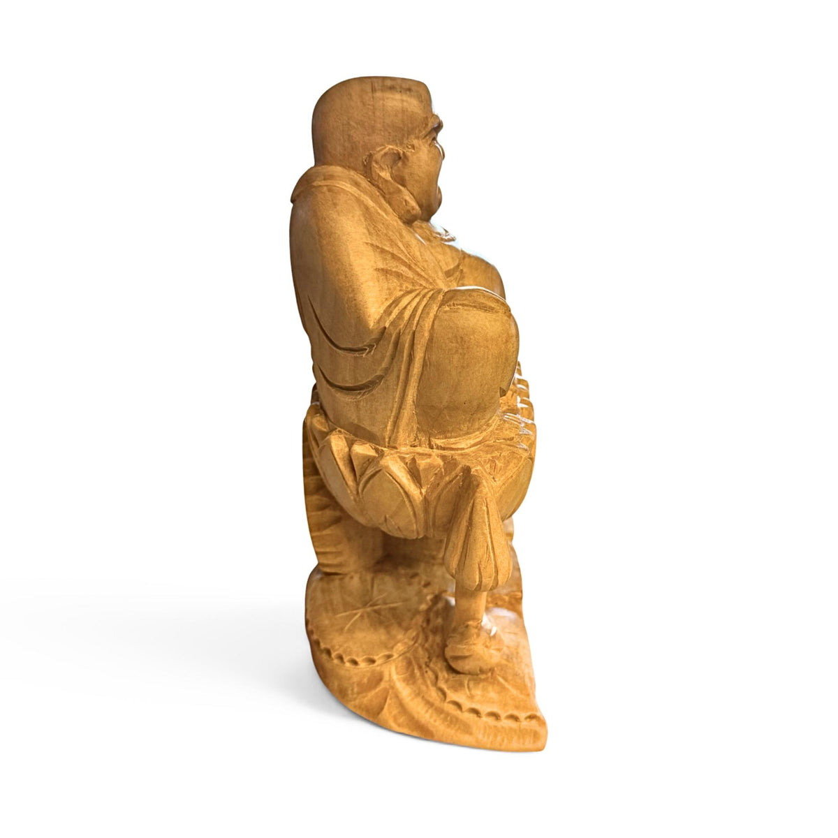 Laughing Hotei Budai Laughing Buddha Statue: Hand Carved Wood Sculpture