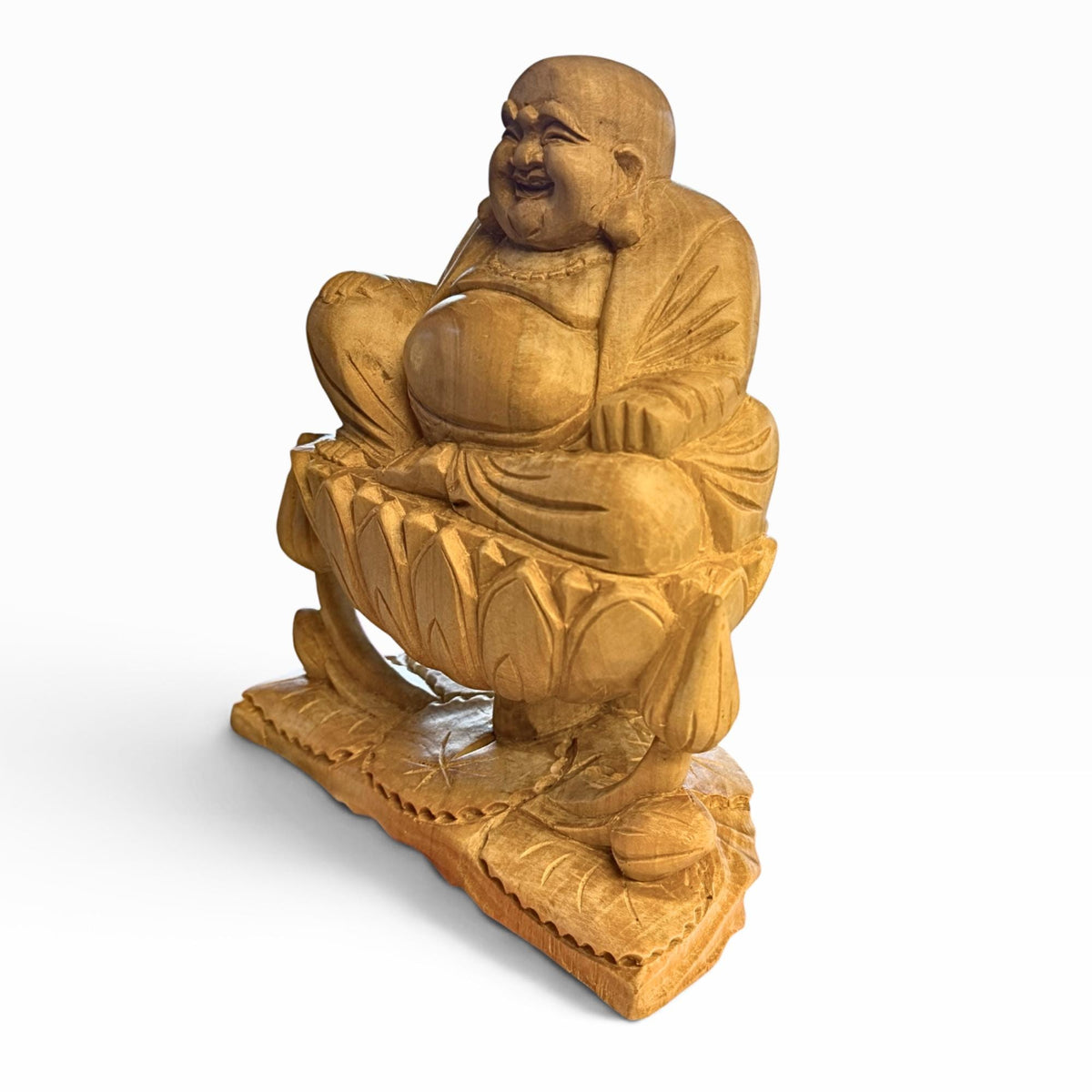 Laughing Hotei Budai Laughing Buddha Statue: Hand Carved Wood Sculpture