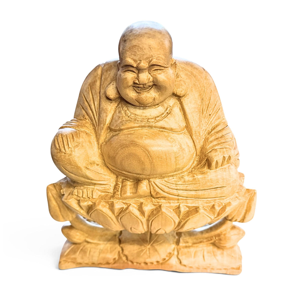Laughing Hotei Budai Laughing Buddha Statue: Hand Carved Wood Sculpture