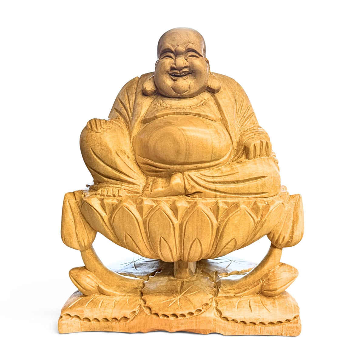 Laughing Hotei Budai Laughing Buddha Statue: Hand Carved Wood Sculpture