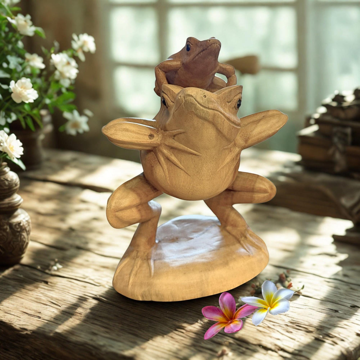 Vintage Balinese Frog with Baby Sculpture, Traditional Balinese Style  Art Wood Carving