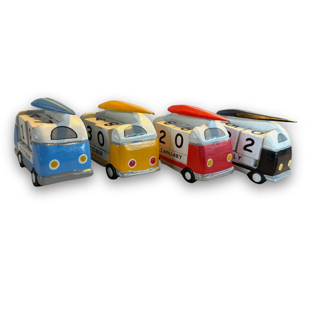 VW Bus Camper Van, Hand Carved Wood Perpetual Desk Calendar - Hand Painted Pop Art