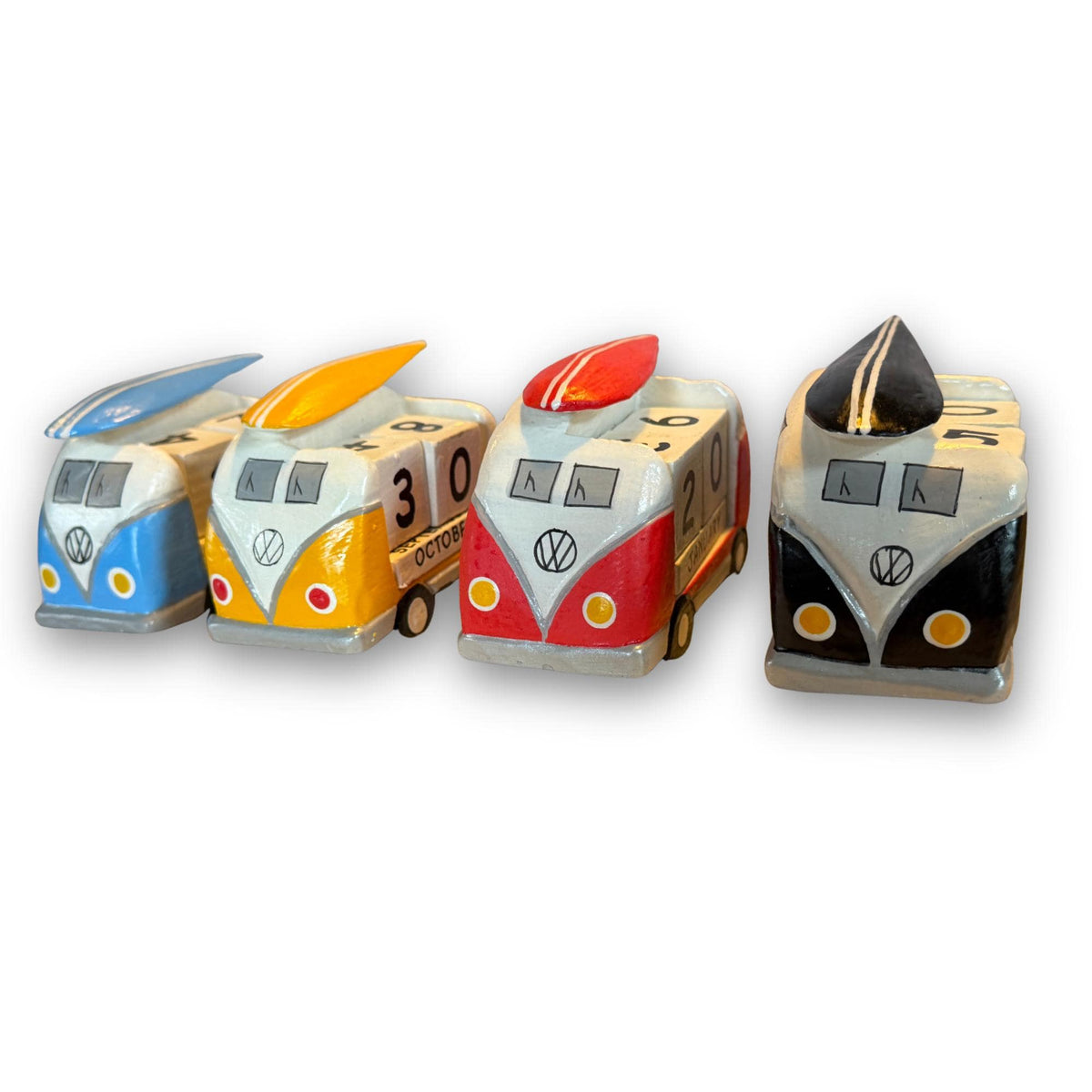 VW Bus Camper Van, Hand Carved Wood Perpetual Desk Calendar - Hand Painted Pop Art