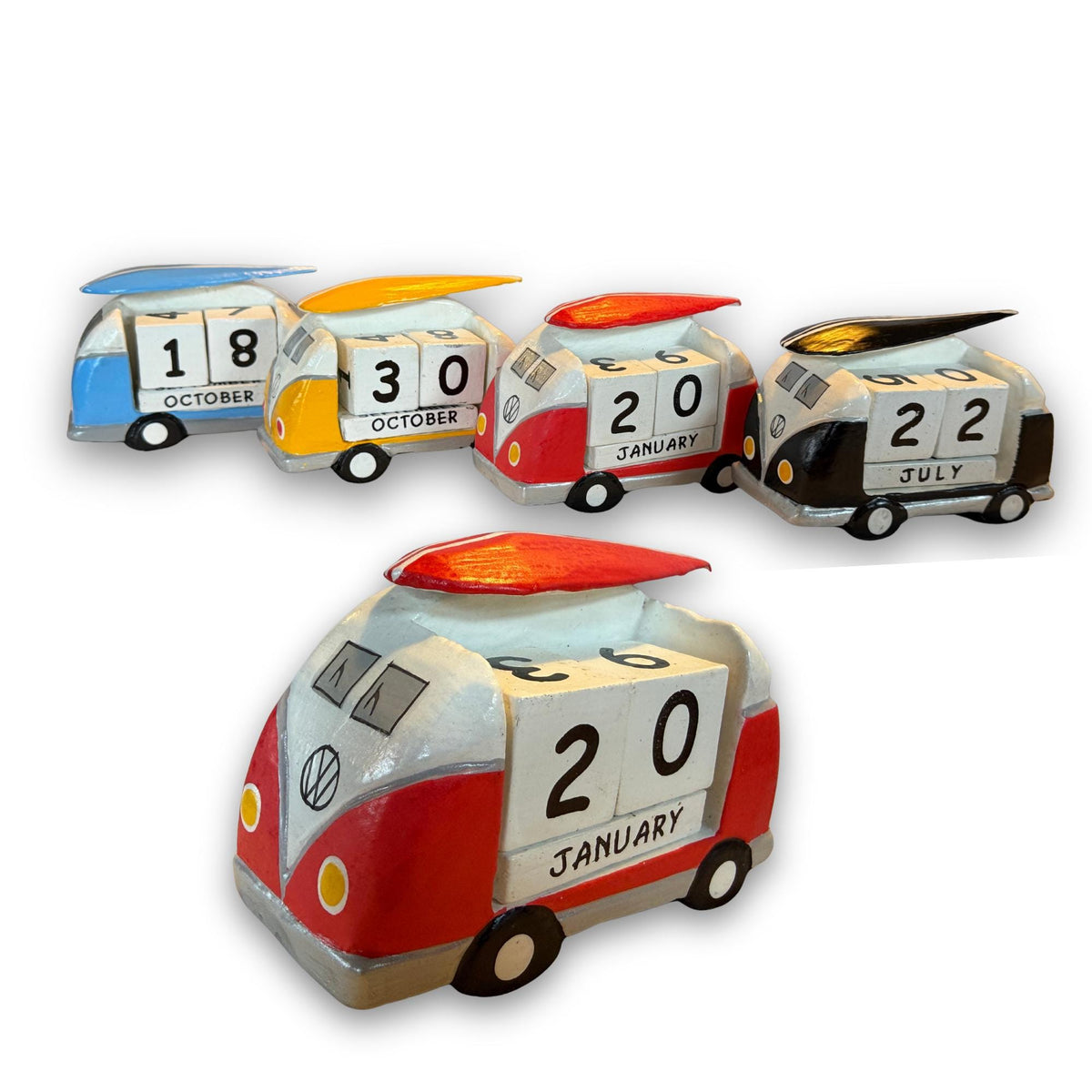 VW Bus Camper Van, Hand Carved Wood Perpetual Desk Calendar - Hand Painted Pop Art