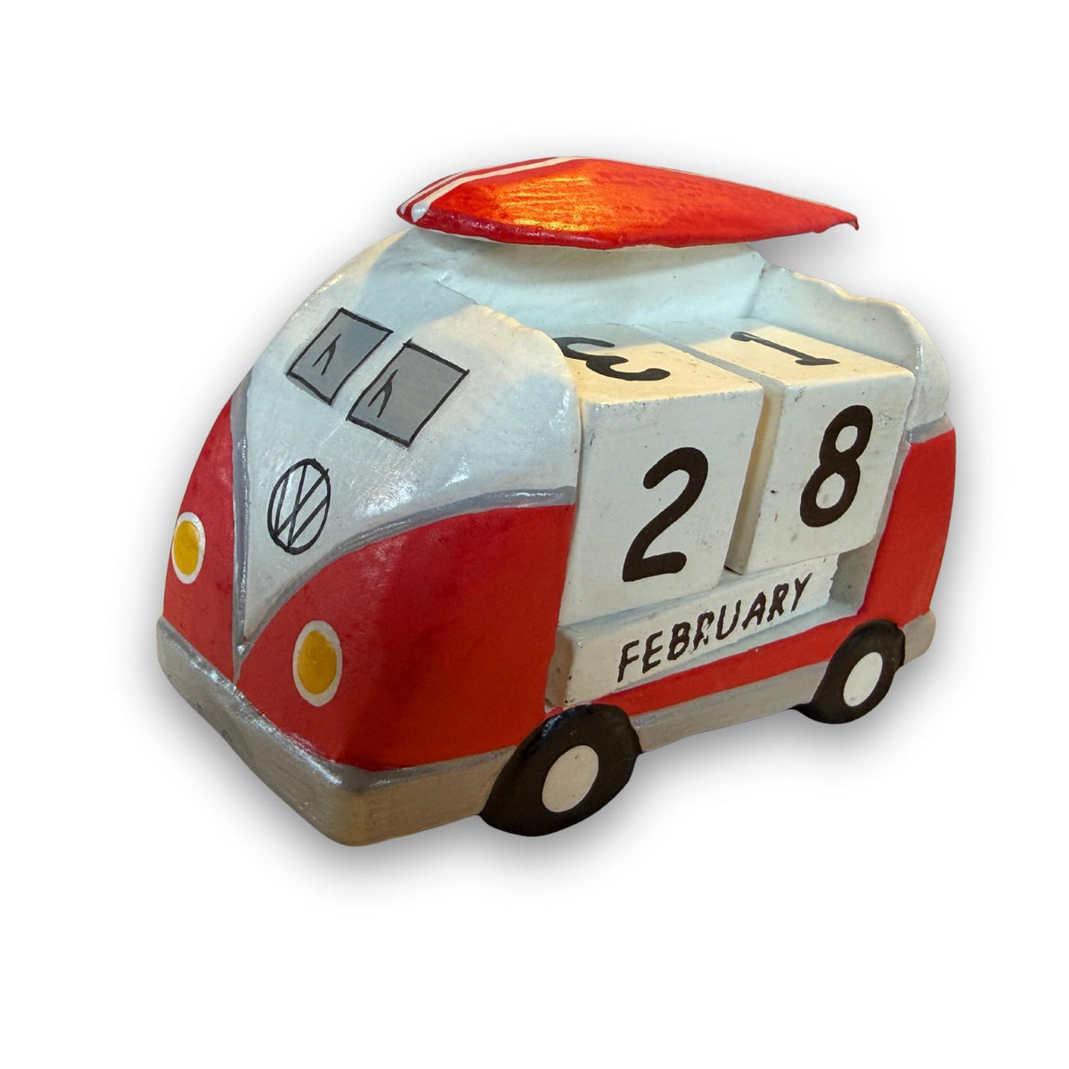 VW Bus Camper Van, Hand Carved Wood Perpetual Desk Calendar - Hand Painted Pop Art