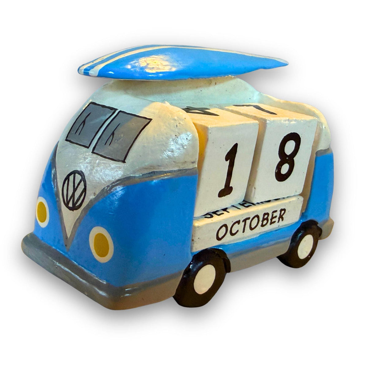 VW Bus Camper Van, Hand Carved Wood Perpetual Desk Calendar - Hand Painted Pop Art