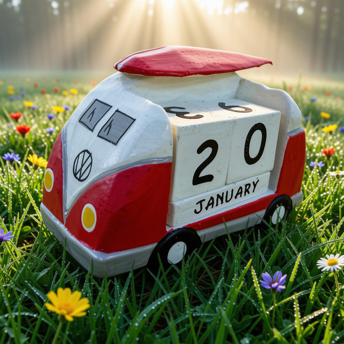 VW Bus Camper Van, Hand Carved Wood Perpetual Desk Calendar - Hand Painted Pop Art