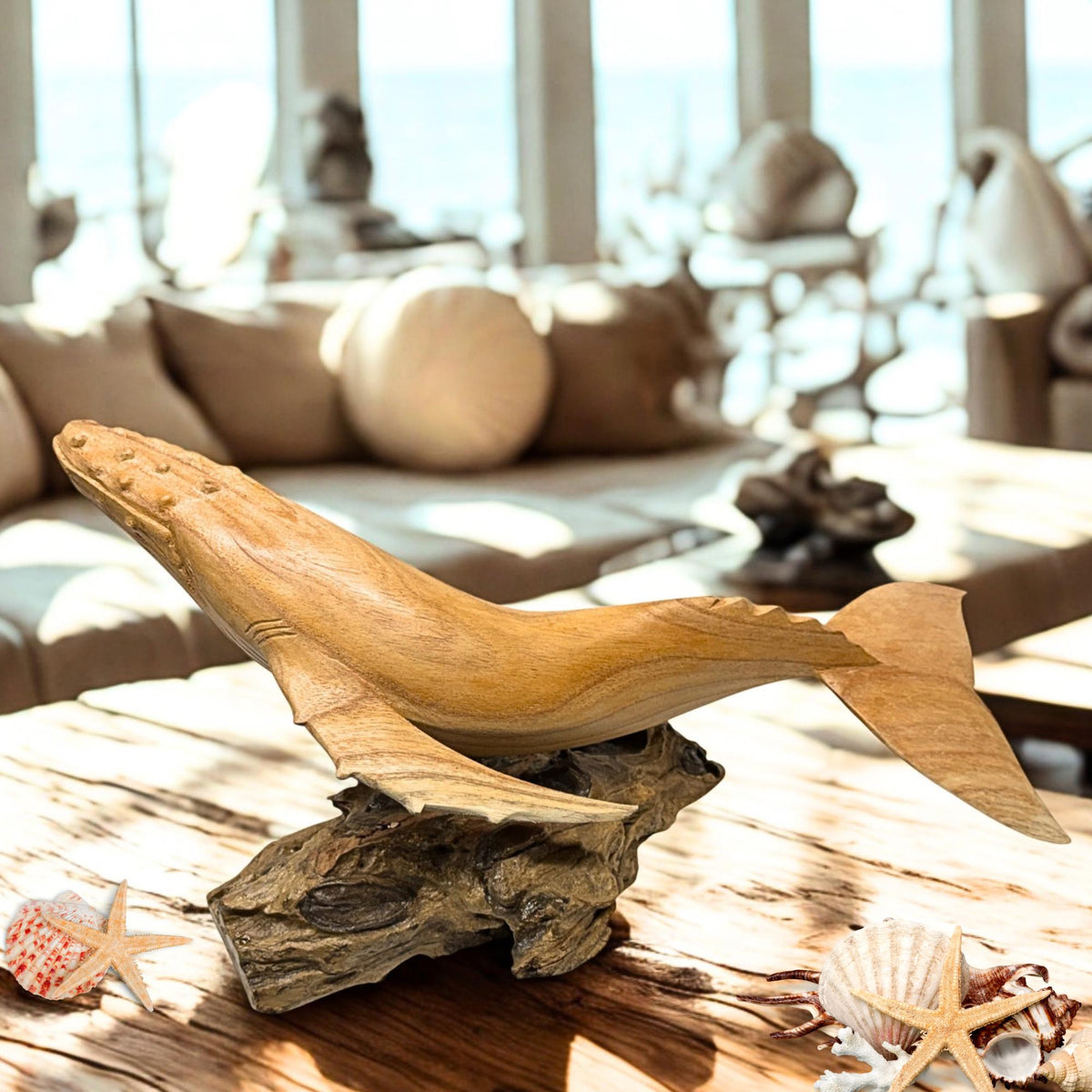 Humpback Whale Sculpture, Hand Carved Wood sea life Statue, Nautical Decor