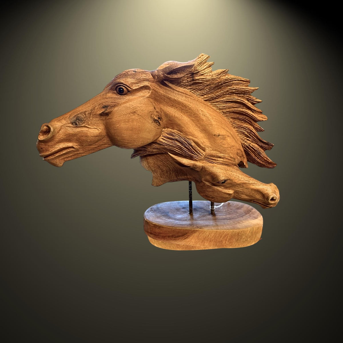 Wild Horses Sculpture - Hand Carved Teak Wood Horse Bust Statue, Equine Art