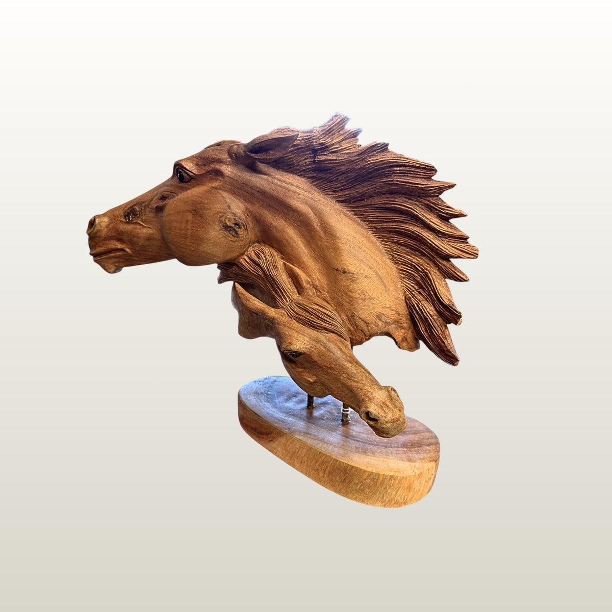 Wild Horses Sculpture - Hand Carved Teak Wood Horse Bust Statue, Equine Art