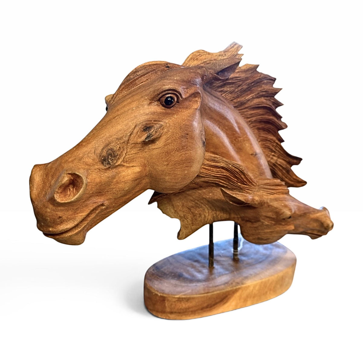 Wild Horses Sculpture - Hand Carved Teak Wood Horse Bust Statue, Equine Art
