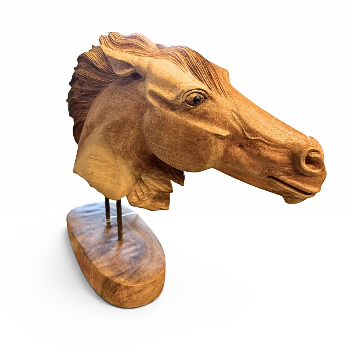 Wild Horses Sculpture - Hand Carved Teak Wood Horse Bust Statue, Equine Art