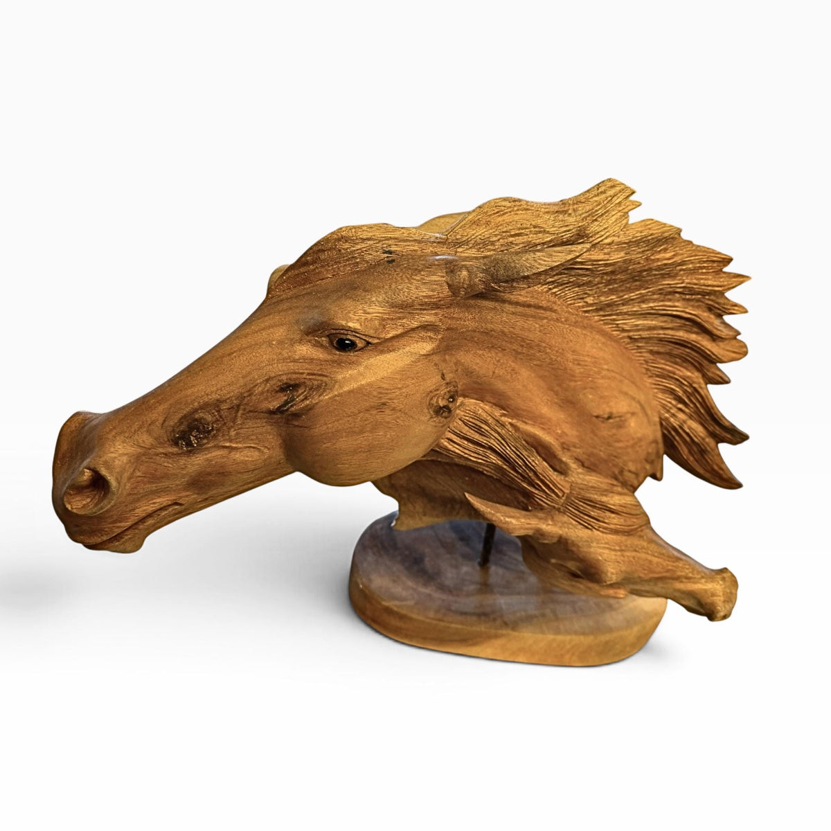 Wild Horses Sculpture - Hand Carved Teak Wood Horse Bust Statue, Equine Art