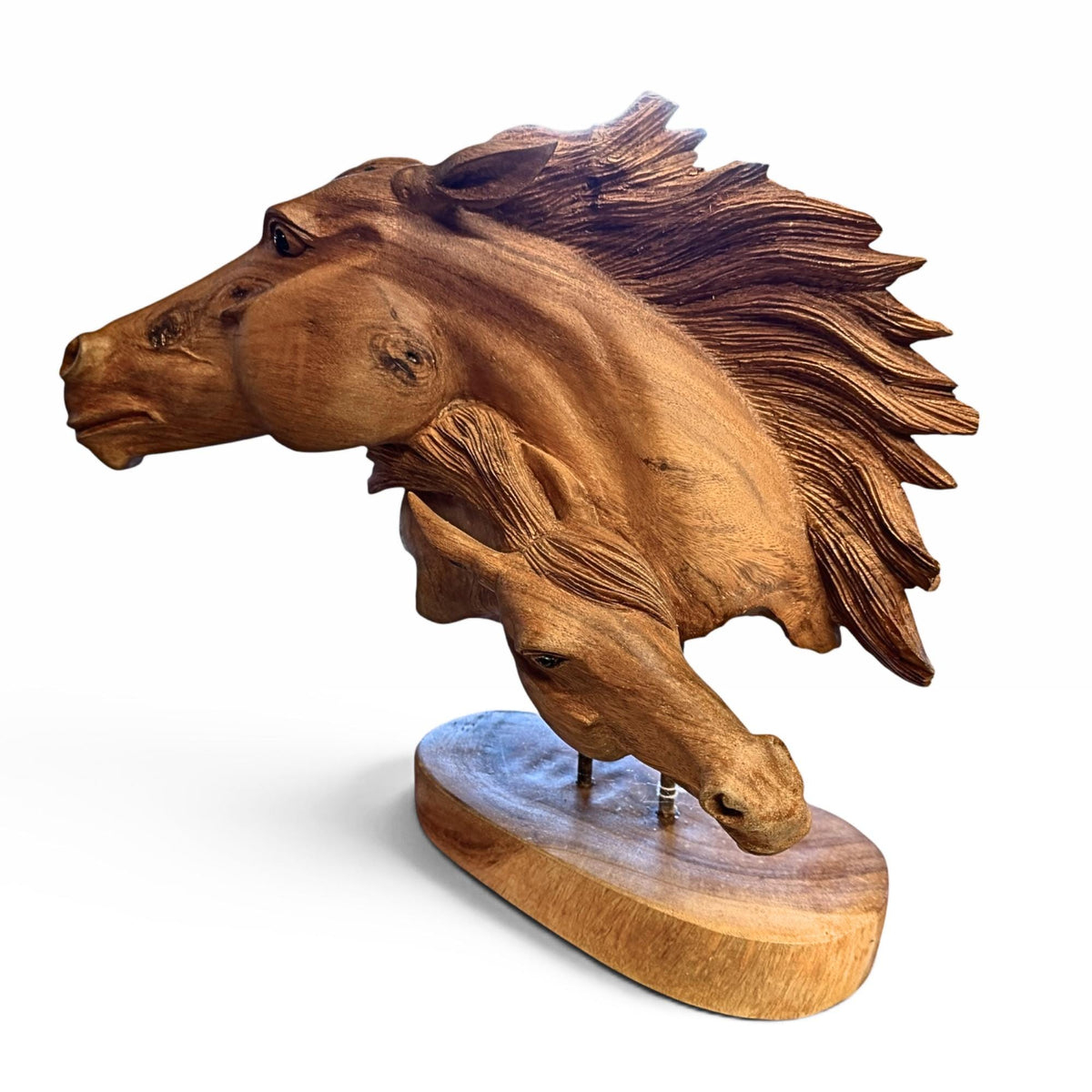 Wild Horses Sculpture - Hand Carved Teak Wood Horse Bust Statue, Equine Art
