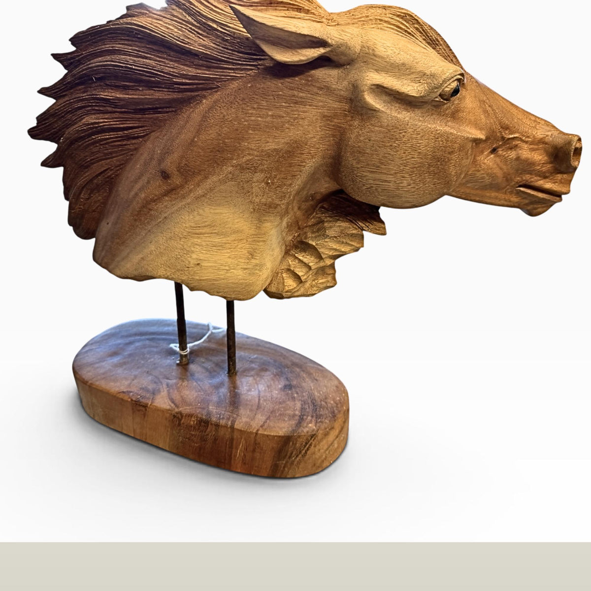Wild Horses Sculpture - Hand Carved Teak Wood Horse Bust Statue, Equine Art